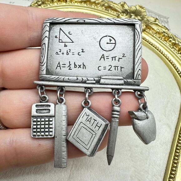 Vintage JJ Brooch Collectible School Math Blackboard Teacher Silver tone - Picture 1 of 2